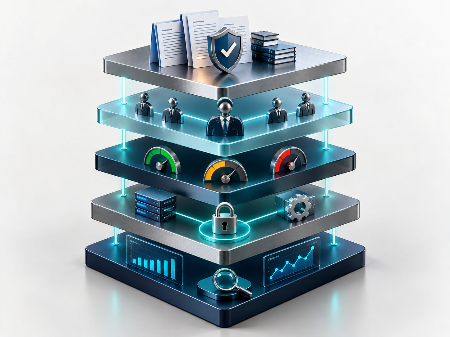 The five core components of an AI governance framework: policies and acceptable use, roles and accountability, risk tiers, controls, and monitoring and review.
